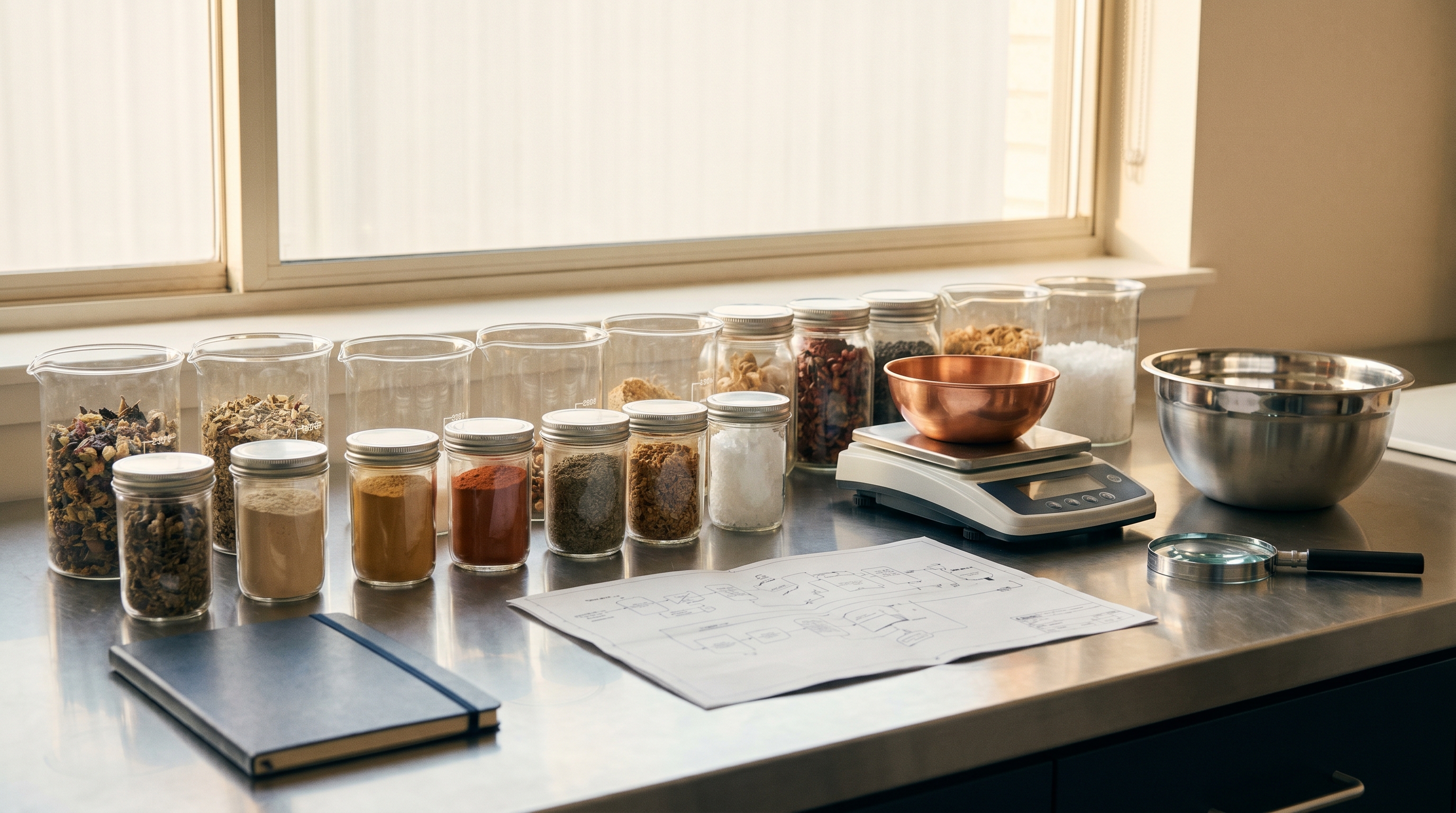 Editorial still life on a clean lab counter with glass beakers, sample jars of dried botanical and food-science ingredients, and a process-flow diagram.